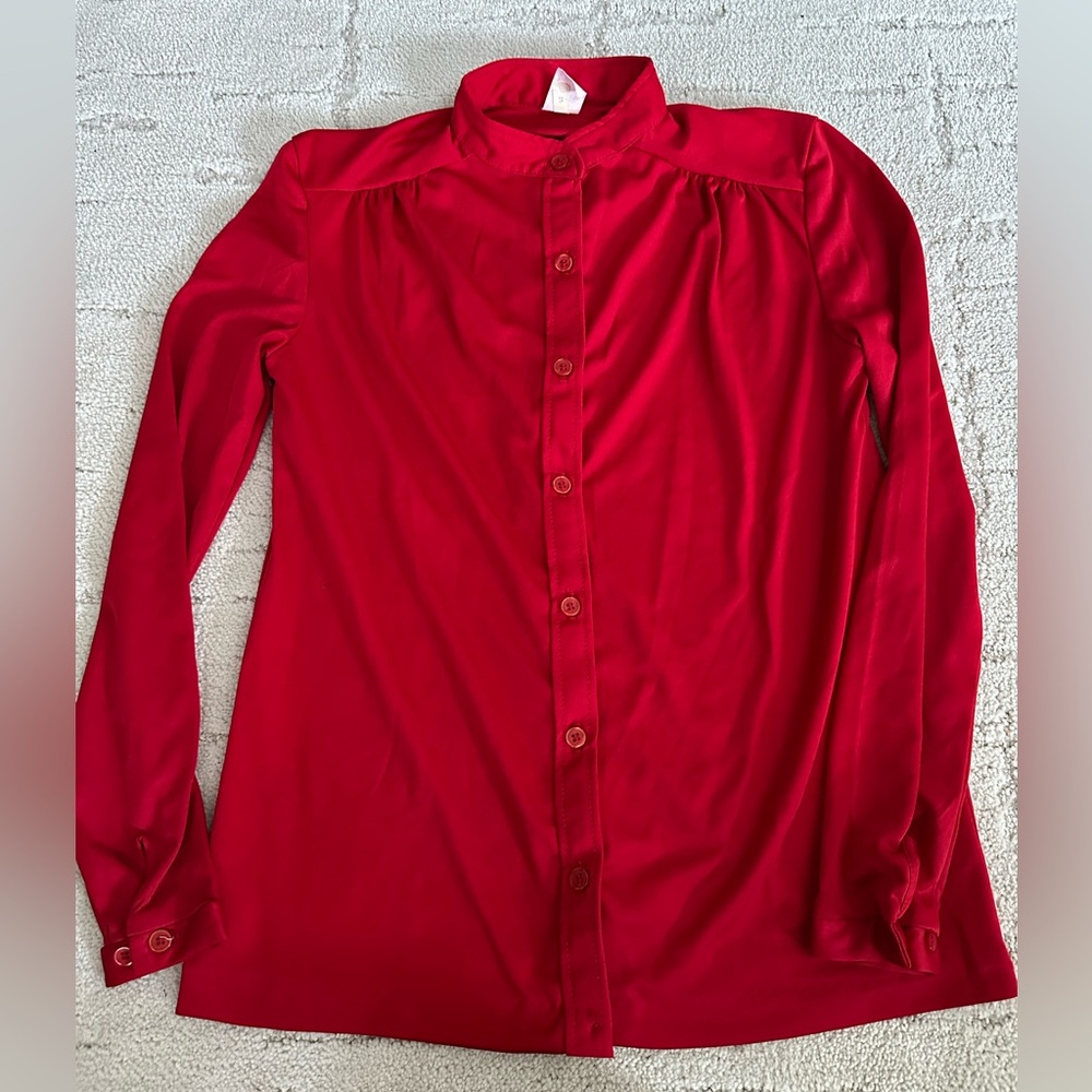Vintage Red Button-Front Long Sleeve Blouse Women’s